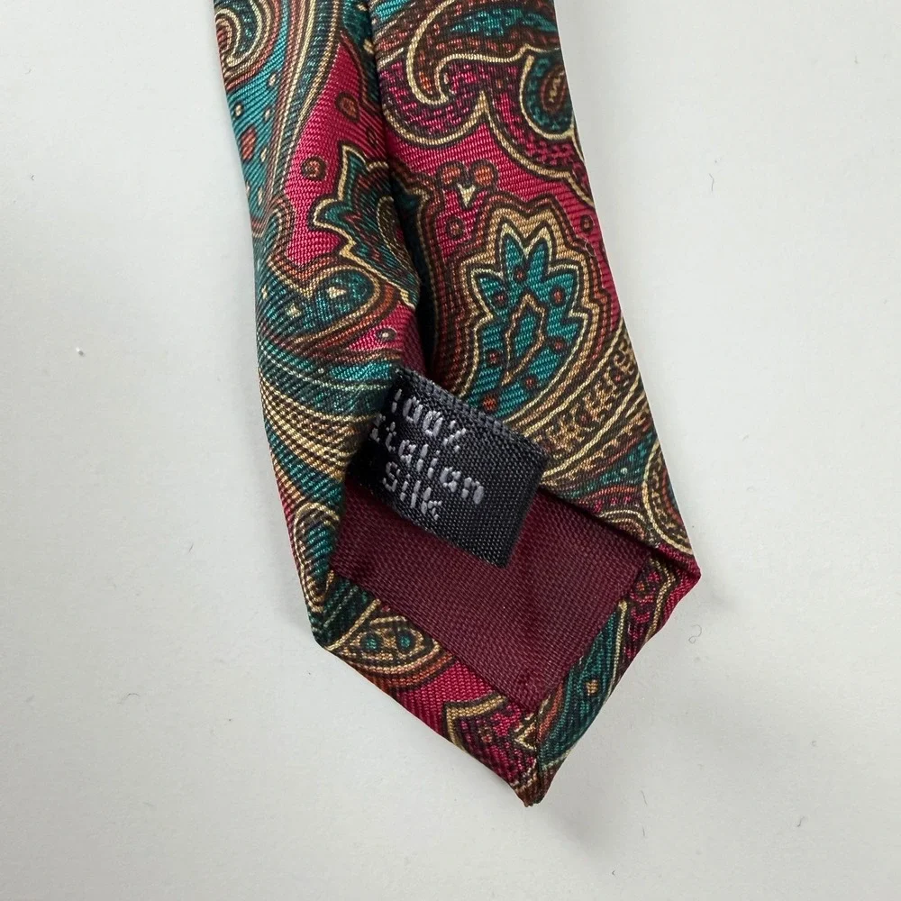 Vintage Brownstone Paisley Maroon Teal Italian Fabric‎ Silk Tie USA